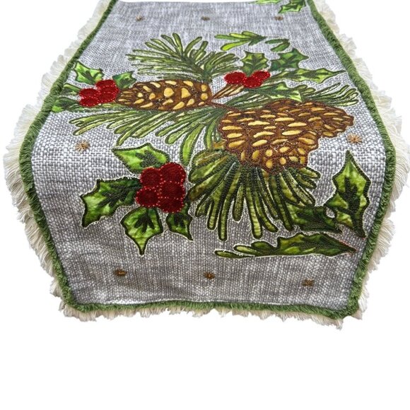 IMPERIAL COLLECTION Holiday Table Runner Pine cones and Holly Cotton Linen 14x68 - Picture 1 of 14